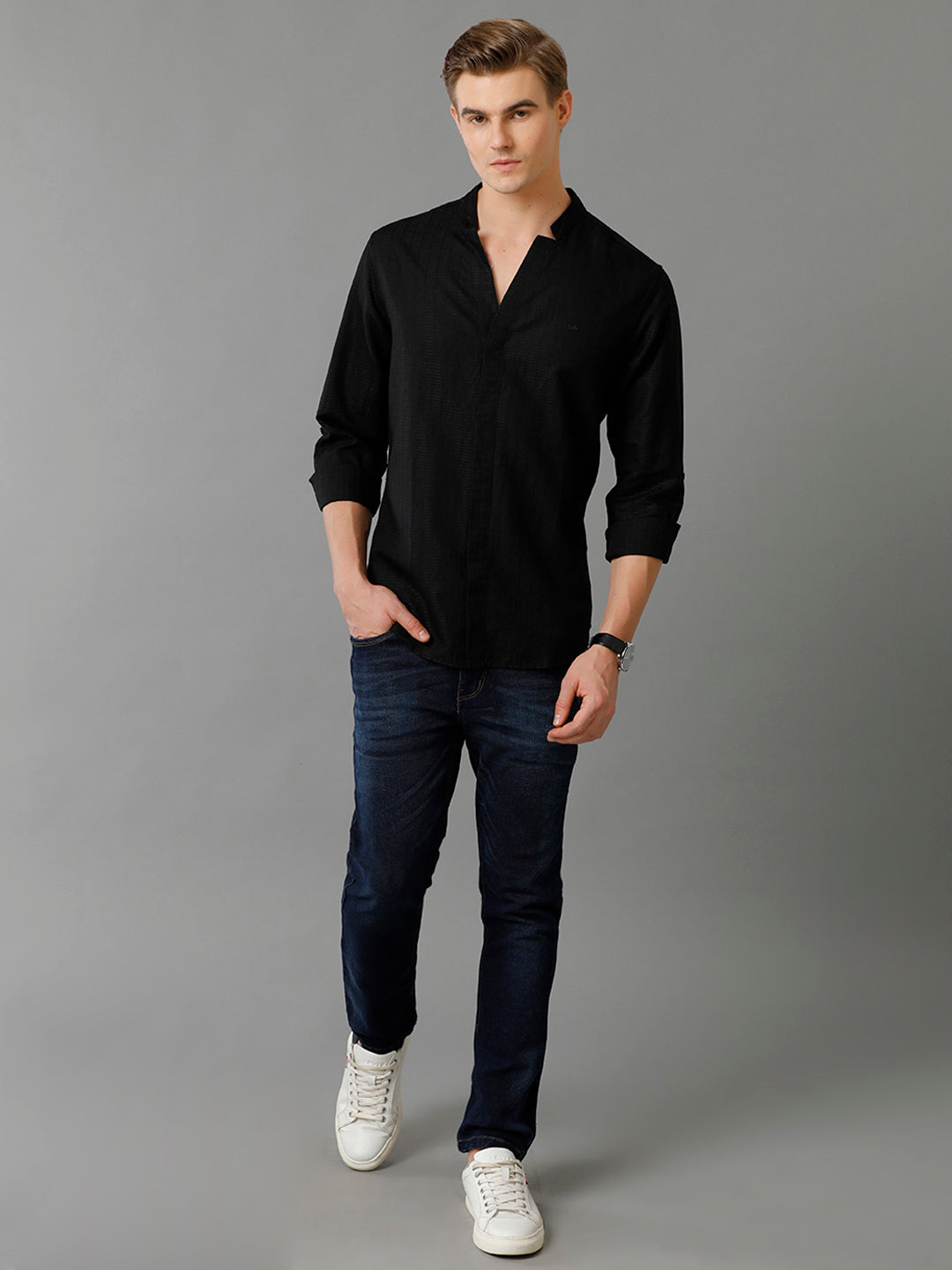 Aldeno Mens Regular Fit Solid Black Casual Linen Blend Shirt (LATEN)