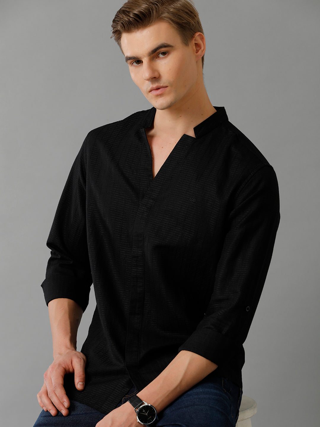 Aldeno Mens Regular Fit Solid Black Casual Linen Blend Shirt (LATEN)