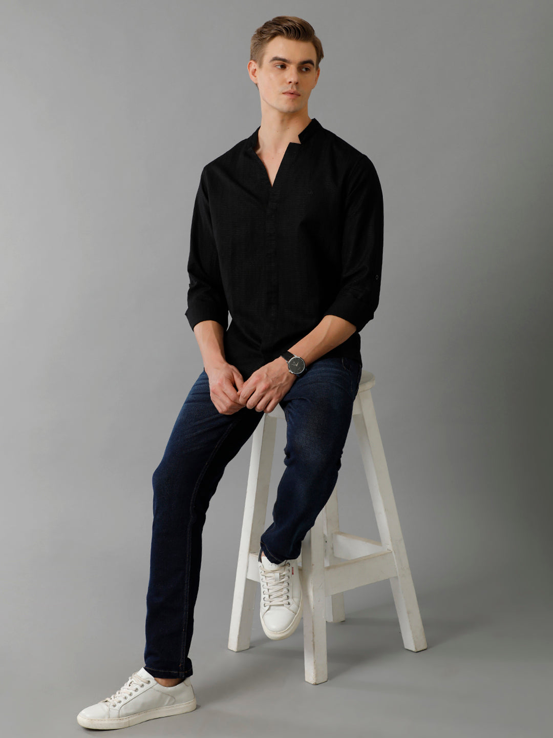 Aldeno Mens Regular Fit Solid Black Casual Linen Blend Shirt (LATEN)