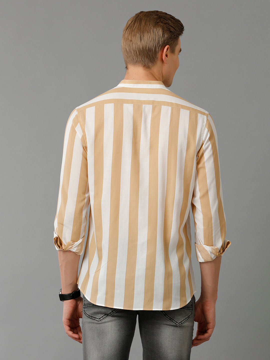 Aldeno Mens Regular Fit Vertical Stripe Brown/White Casual Cotton Modal Shirt (MATEO)