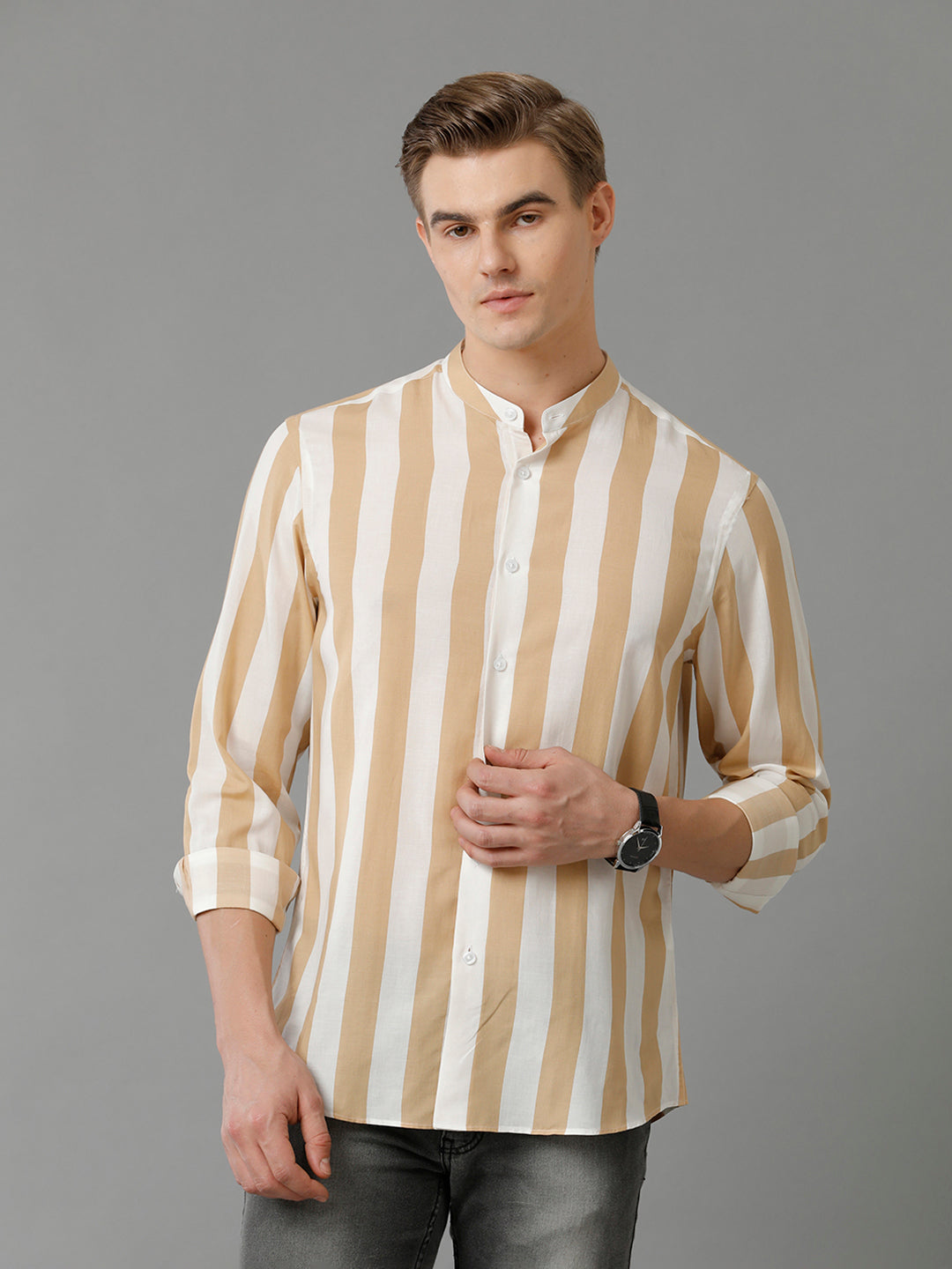 Aldeno Mens Regular Fit Vertical Stripe Brown/White Casual Cotton Modal Shirt (MATEO)