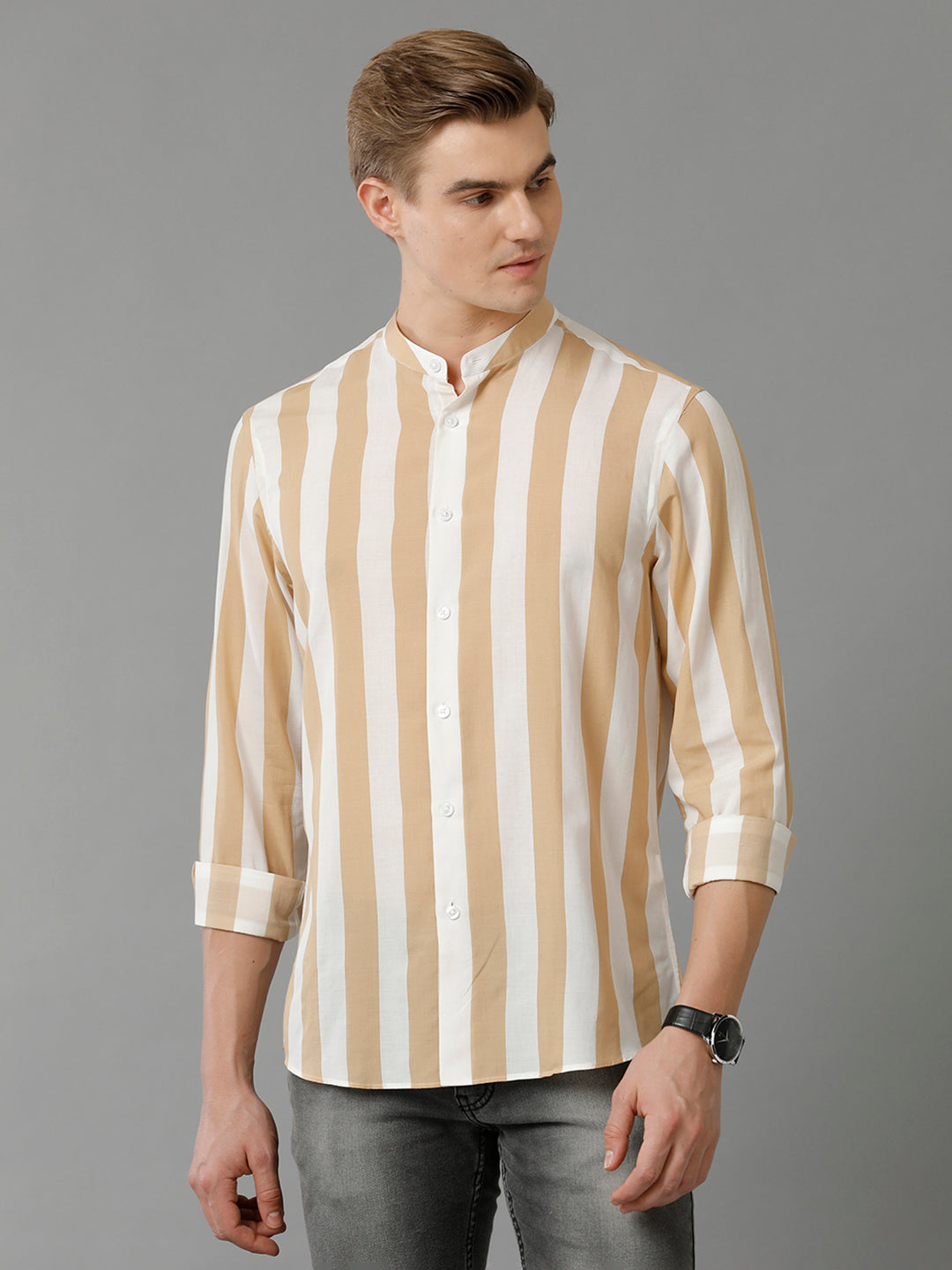 Aldeno Mens Regular Fit Vertical Stripe Brown/White Casual Cotton Modal Shirt (MATEO)