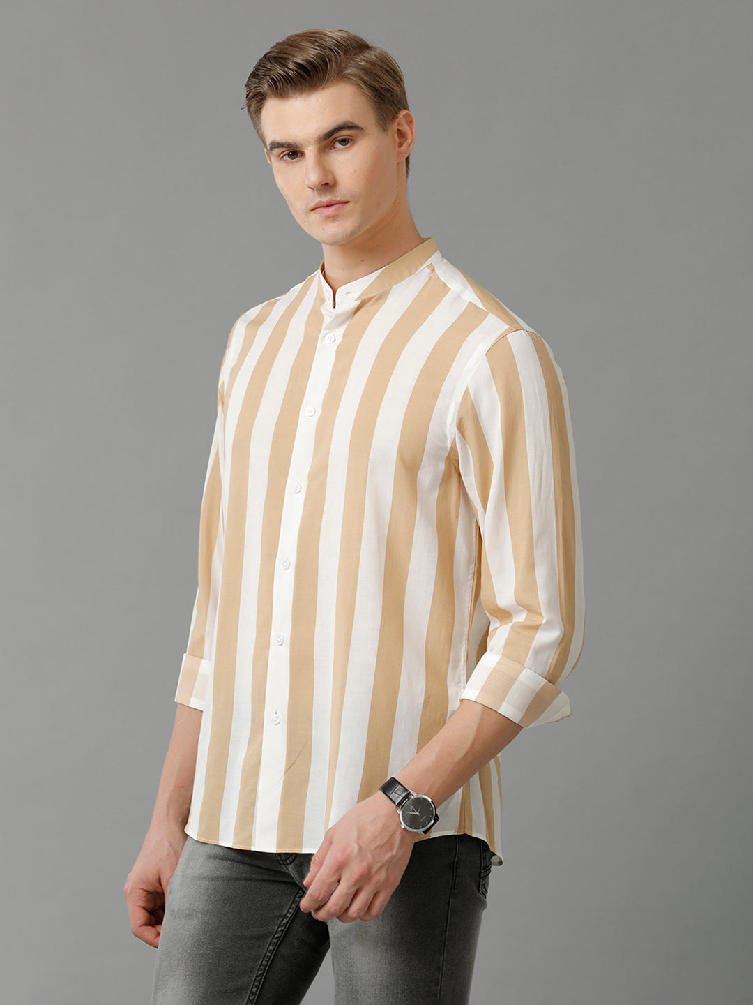 Aldeno Mens Regular Fit Vertical Stripe Brown/White Casual Cotton Modal Shirt (MATEO)