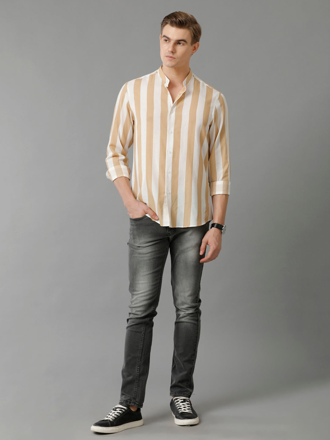 Aldeno Mens Regular Fit Vertical Stripe Brown/White Casual Cotton Modal Shirt (MATEO)