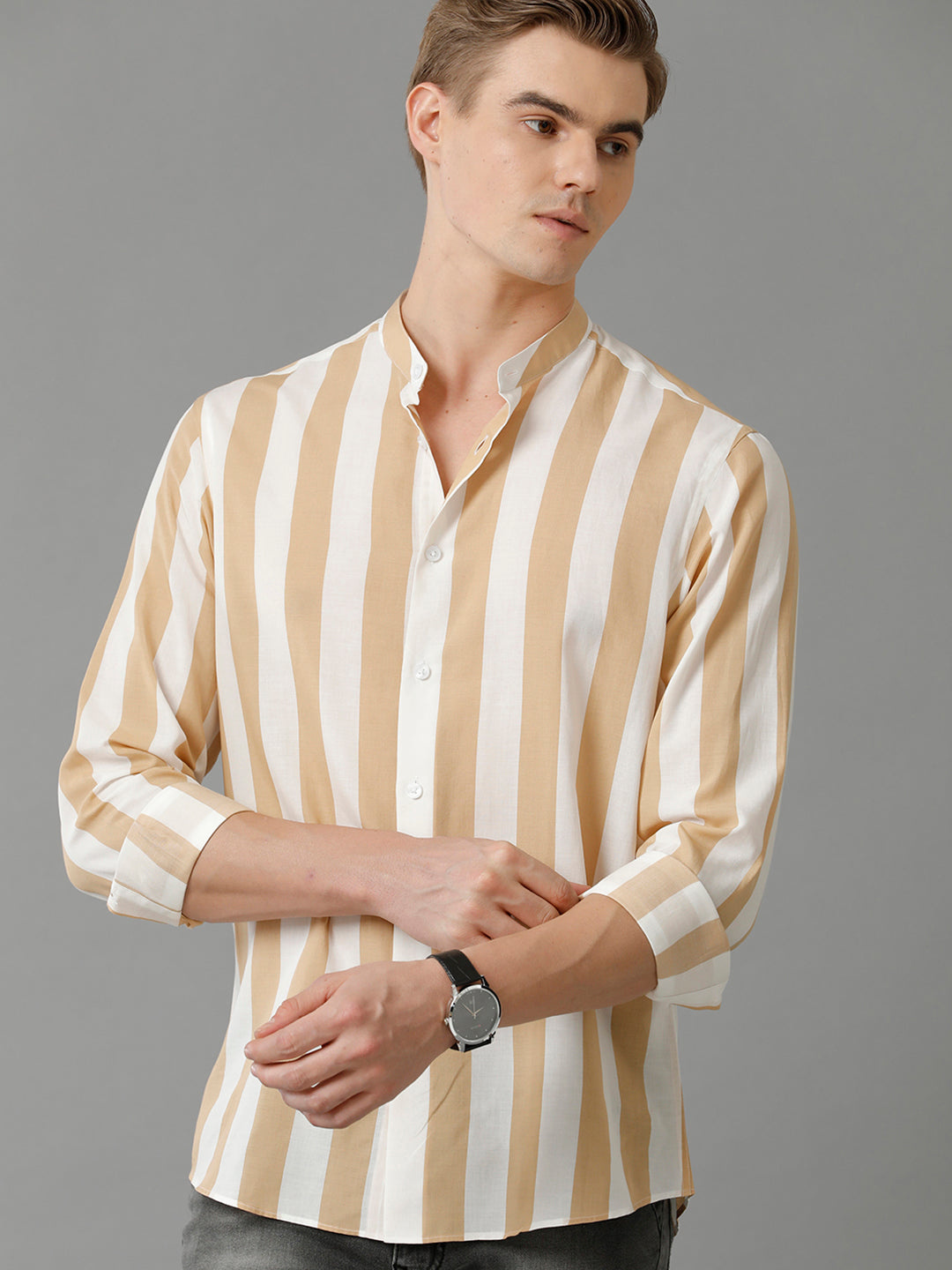 Aldeno Mens Regular Fit Vertical Stripe Brown/White Casual Cotton Modal Shirt (MATEO)