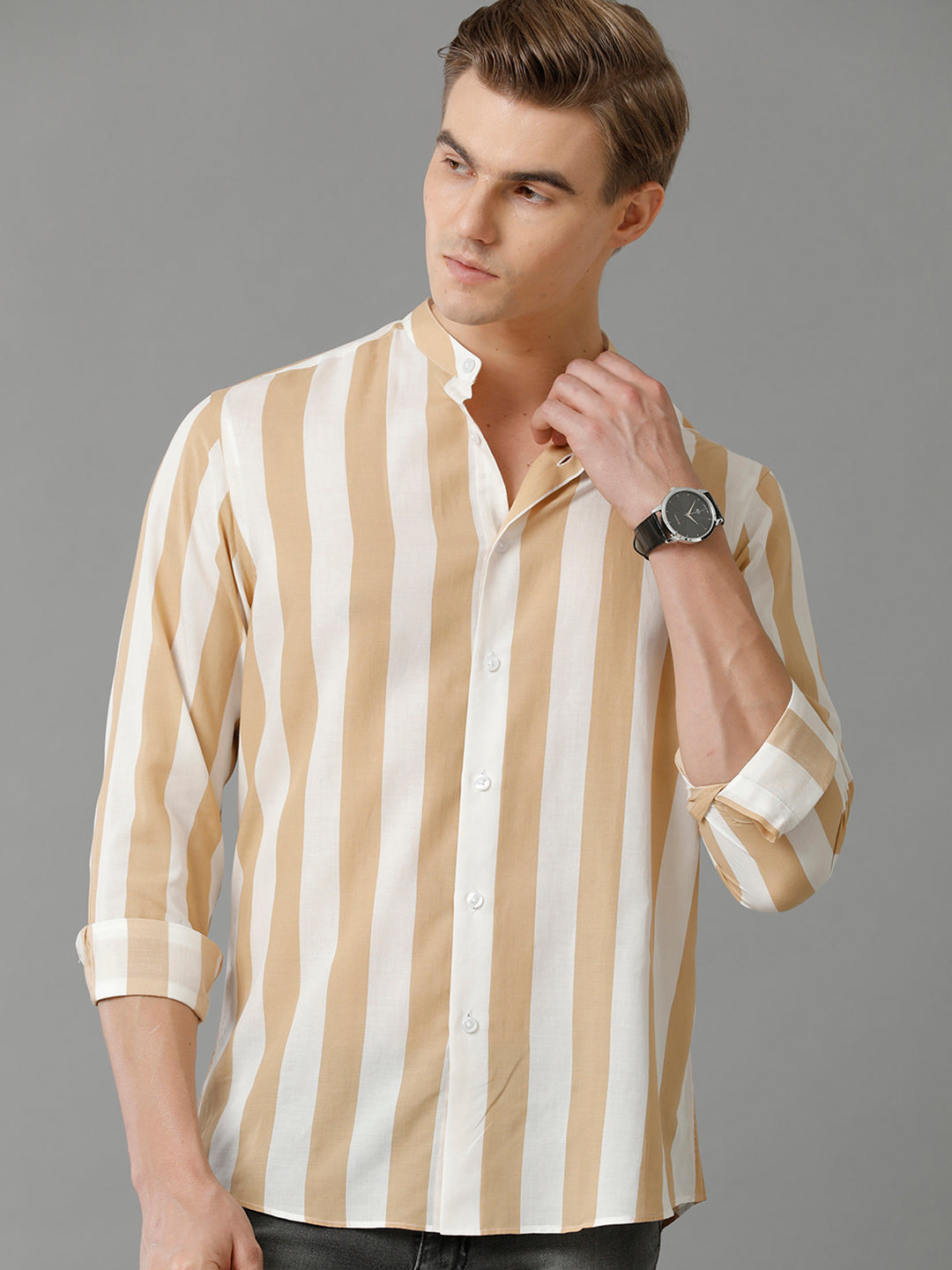 Aldeno Mens Regular Fit Vertical Stripe Brown/White Casual Cotton Modal Shirt (MATEO)