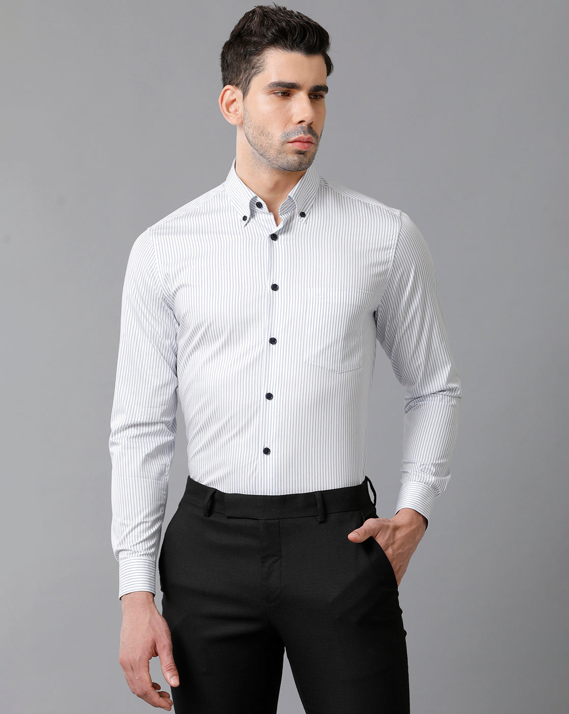 Aldeno Mens Slim Fit Vertical Stripes white Formal Cotton Shirt (CASIO)