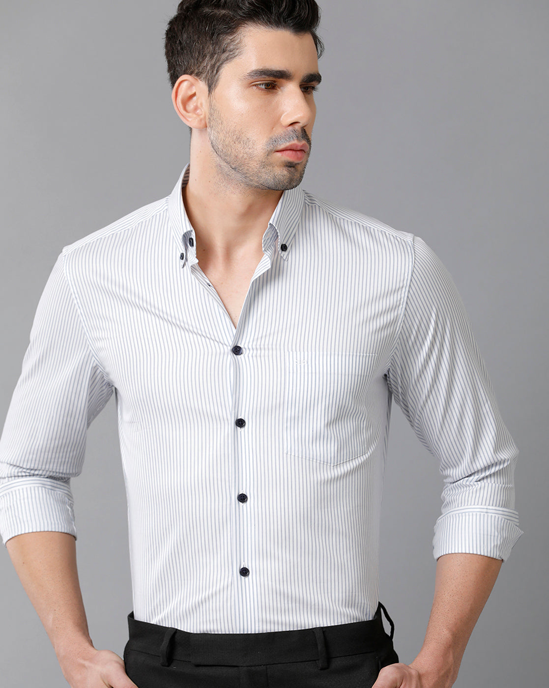 Aldeno Mens Slim Fit Vertical Stripes white Formal Cotton Shirt (CASIO)