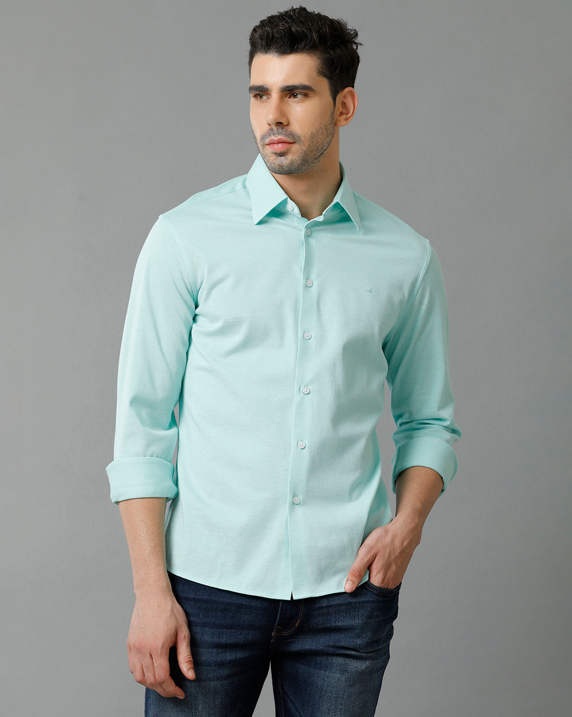 Aldeno Mens Regular Fit Solid Blue Casual Knitted Cotton Shirt (CARNE)