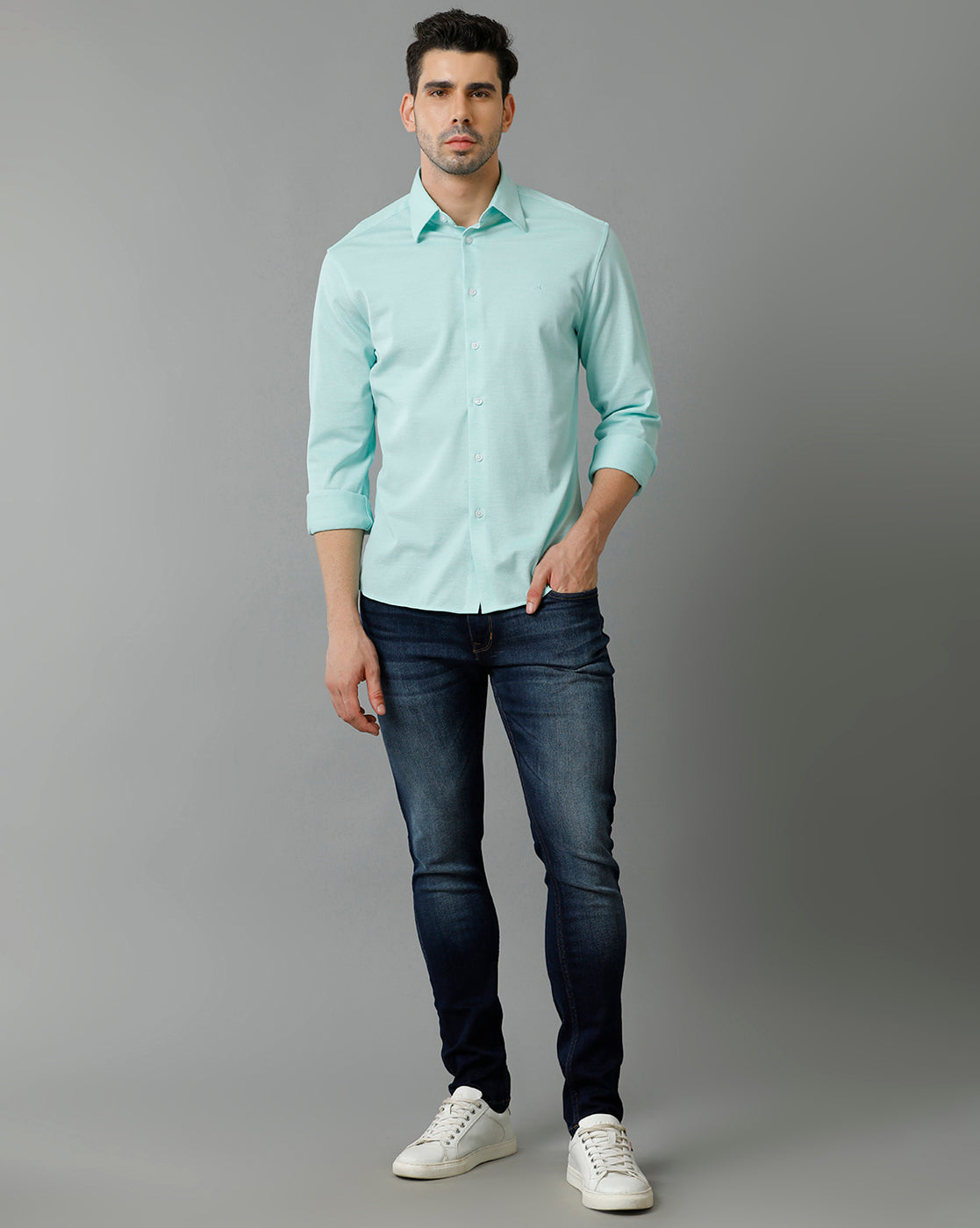 Aldeno Mens Regular Fit Solid Blue Casual Knitted Cotton Shirt (CARNE)