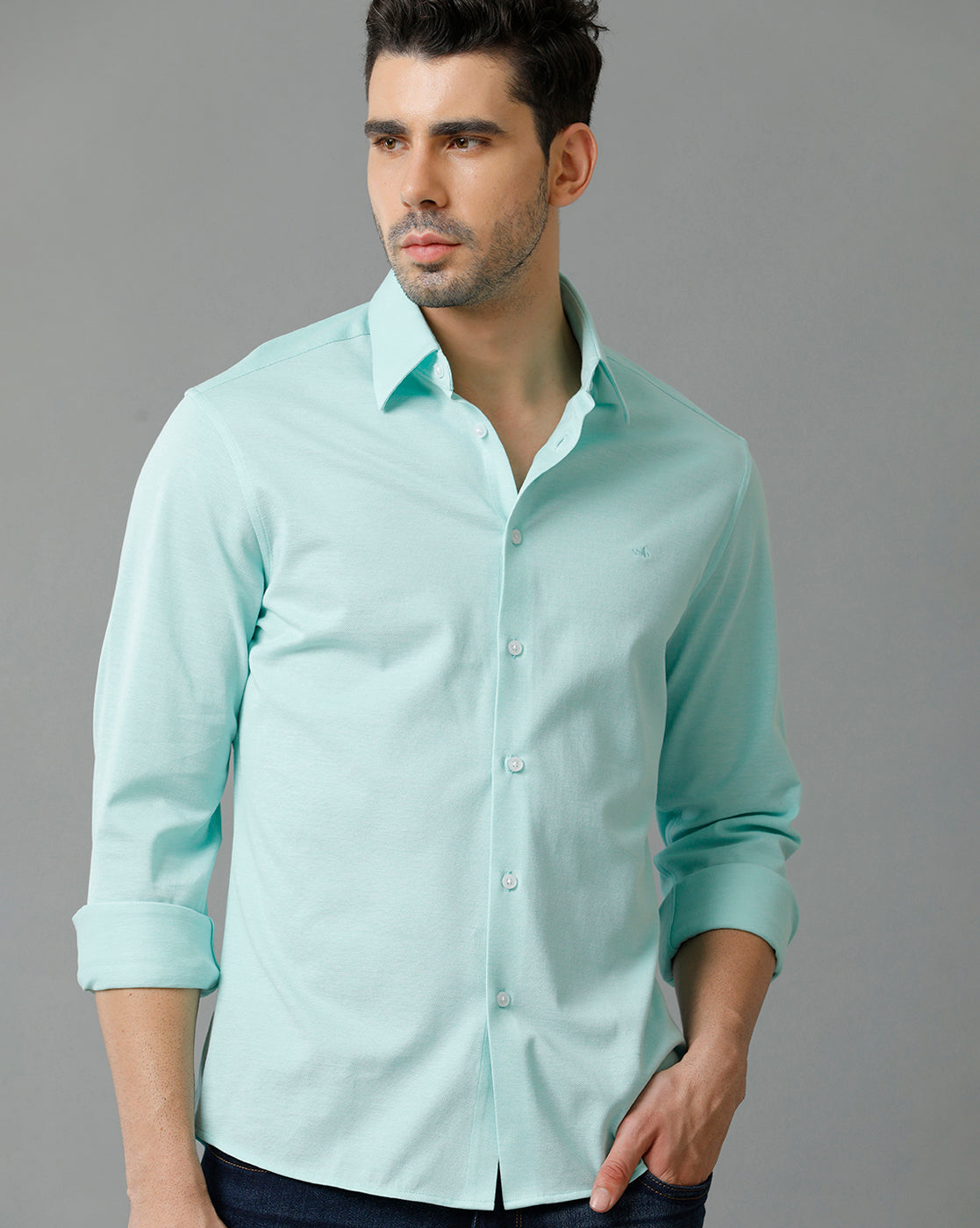 Aldeno Mens Regular Fit Solid Blue Casual Knitted Cotton Shirt (CARNE)