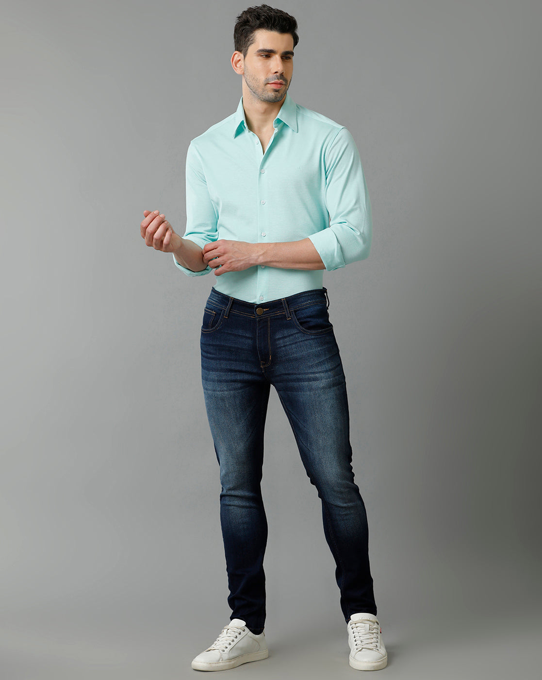 Aldeno Mens Regular Fit Solid Blue Casual Knitted Cotton Shirt (CARNE)