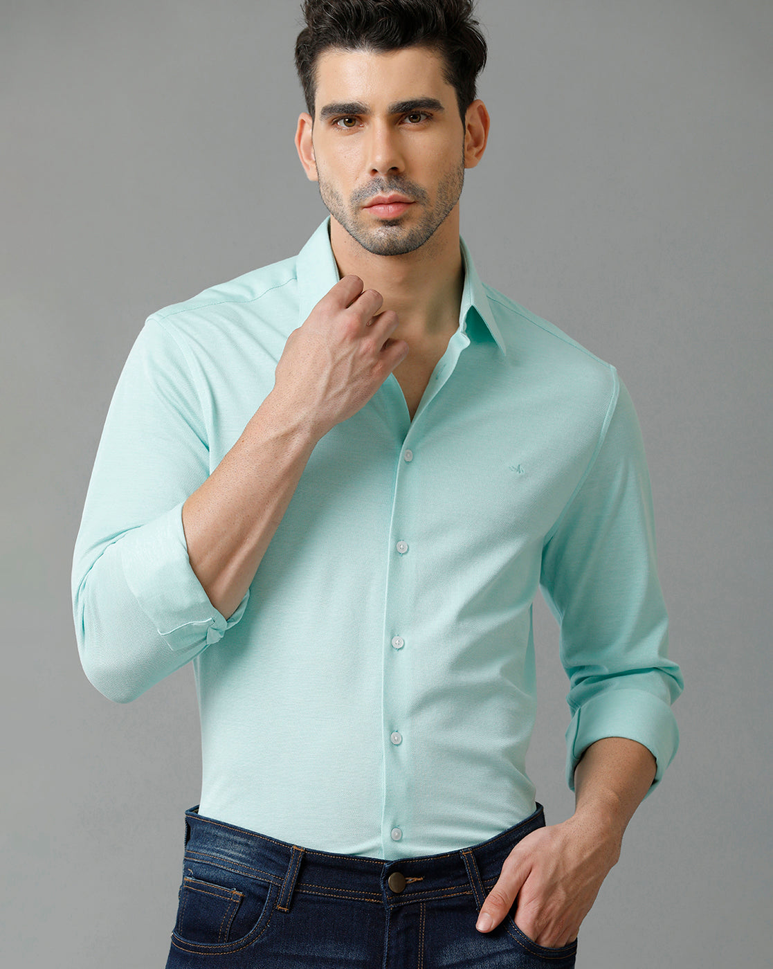 Aldeno Mens Regular Fit Solid Blue Casual Knitted Cotton Shirt (CARNE)