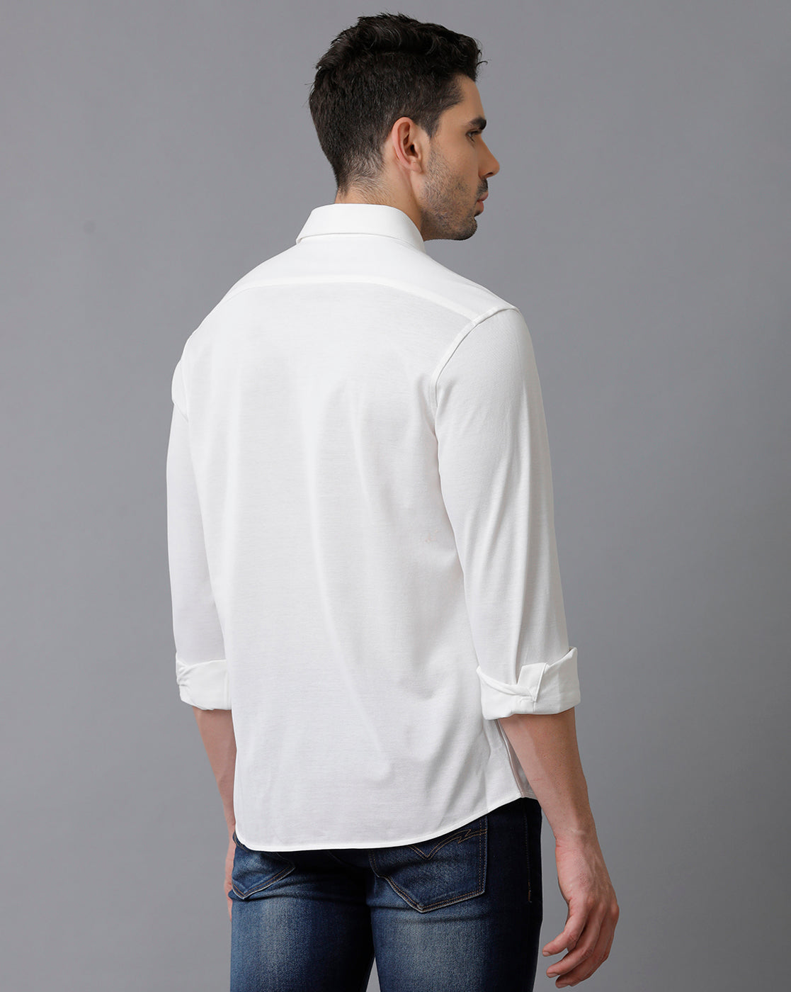 Aldeno Mens Regular Fit Solid White Casual Knitted Cotton Shirt (CLOVE)
