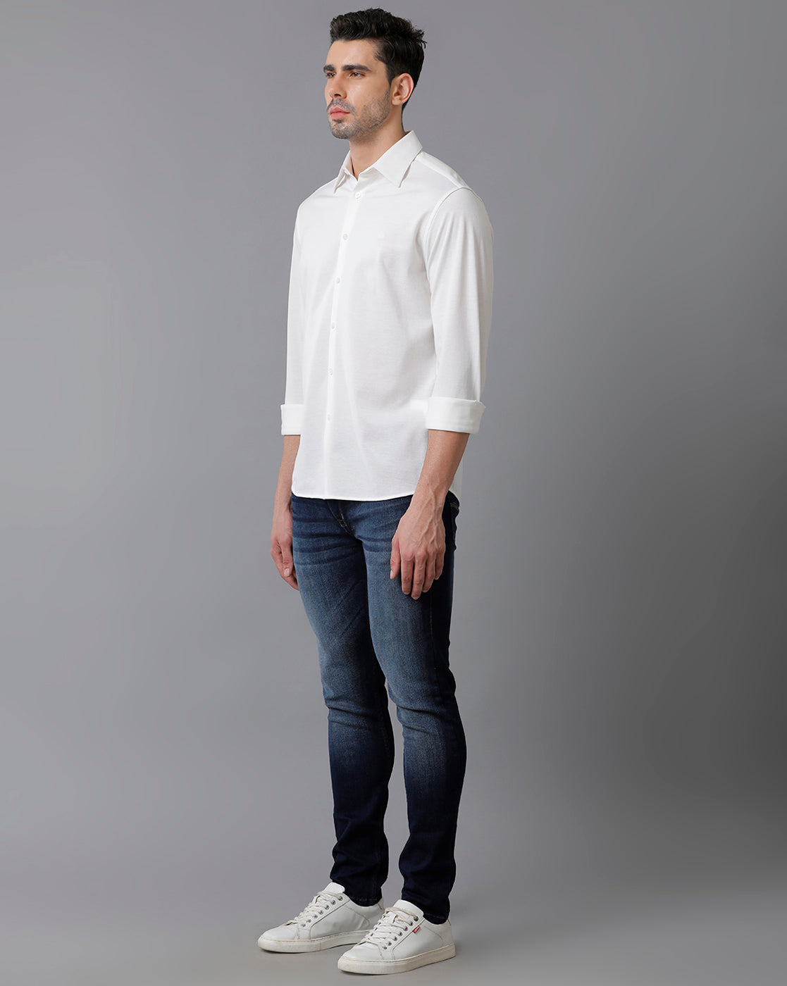 Aldeno Mens Regular Fit Solid White Casual Knitted Cotton Shirt (CLOVE)
