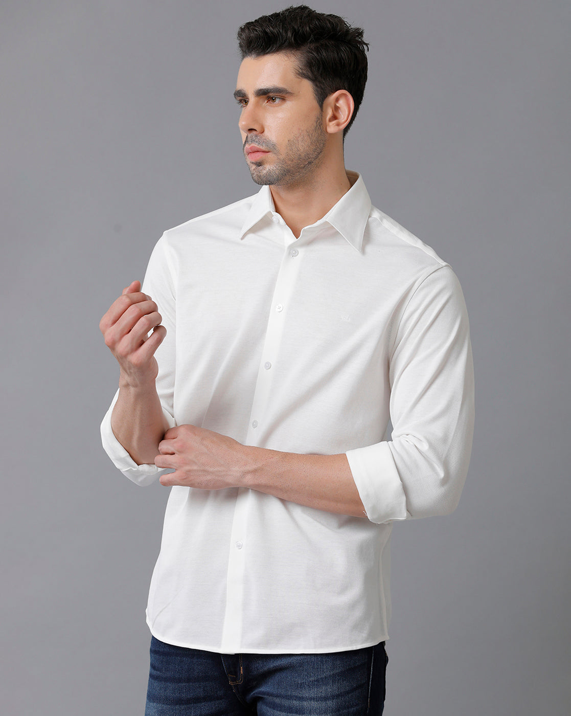 Aldeno Mens Regular Fit Solid White Casual Knitted Cotton Shirt (CLOVE)