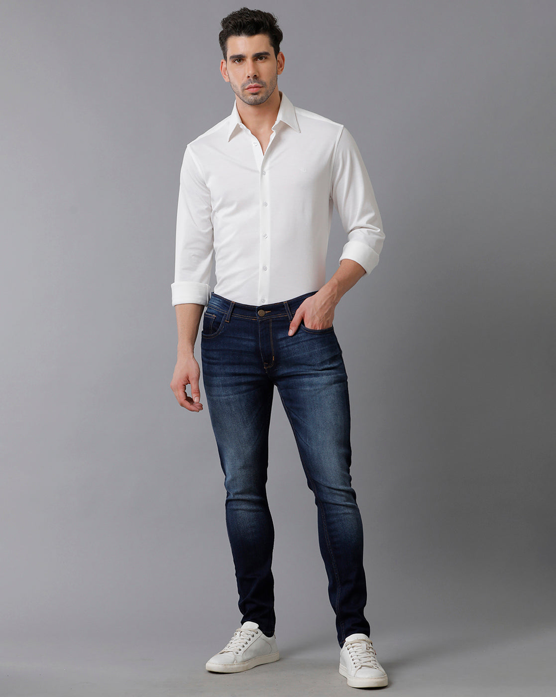 Aldeno Mens Regular Fit Solid White Casual Knitted Cotton Shirt (CLOVE)