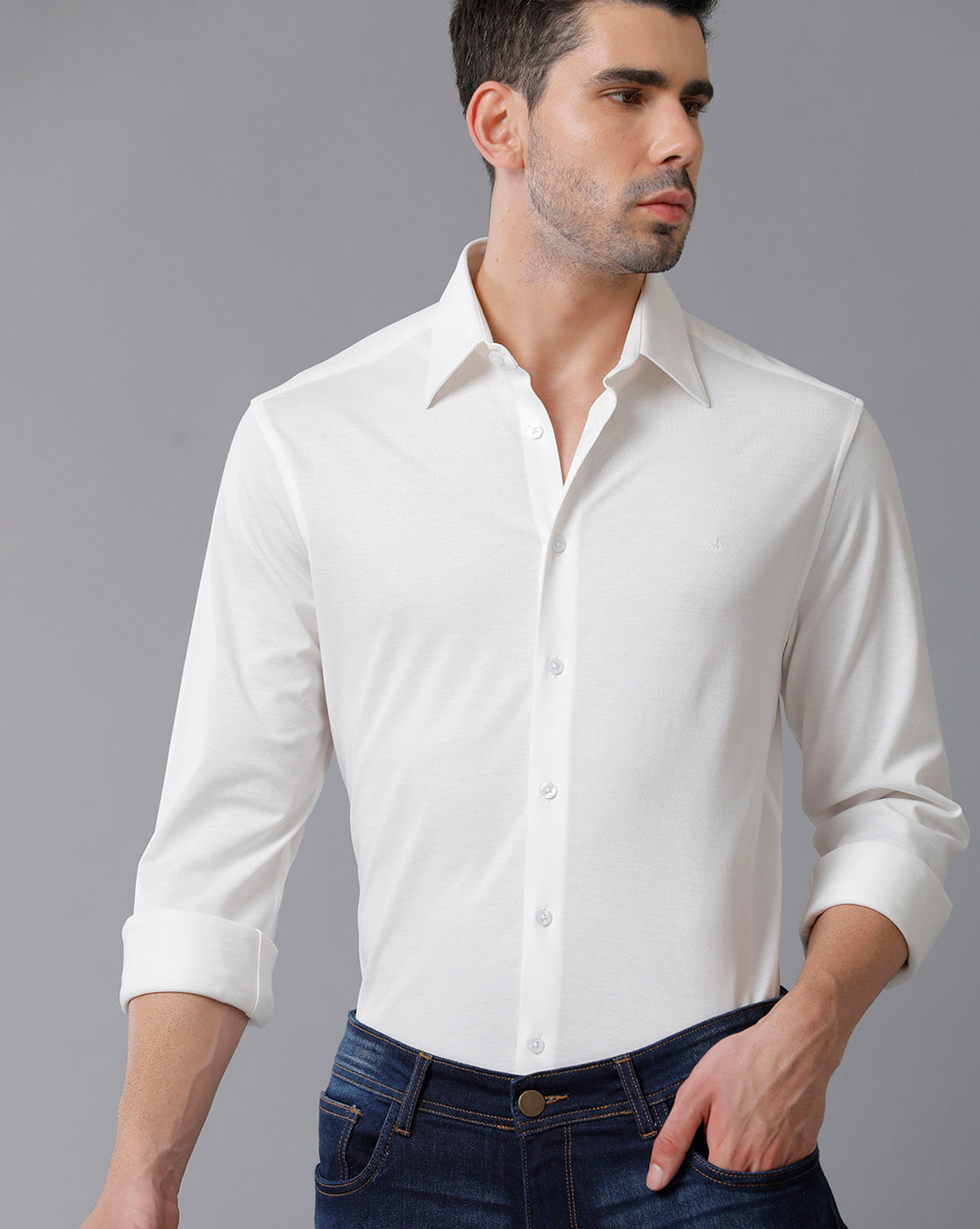 Aldeno Mens Regular Fit Solid White Casual Knitted Cotton Shirt (CLOVE)
