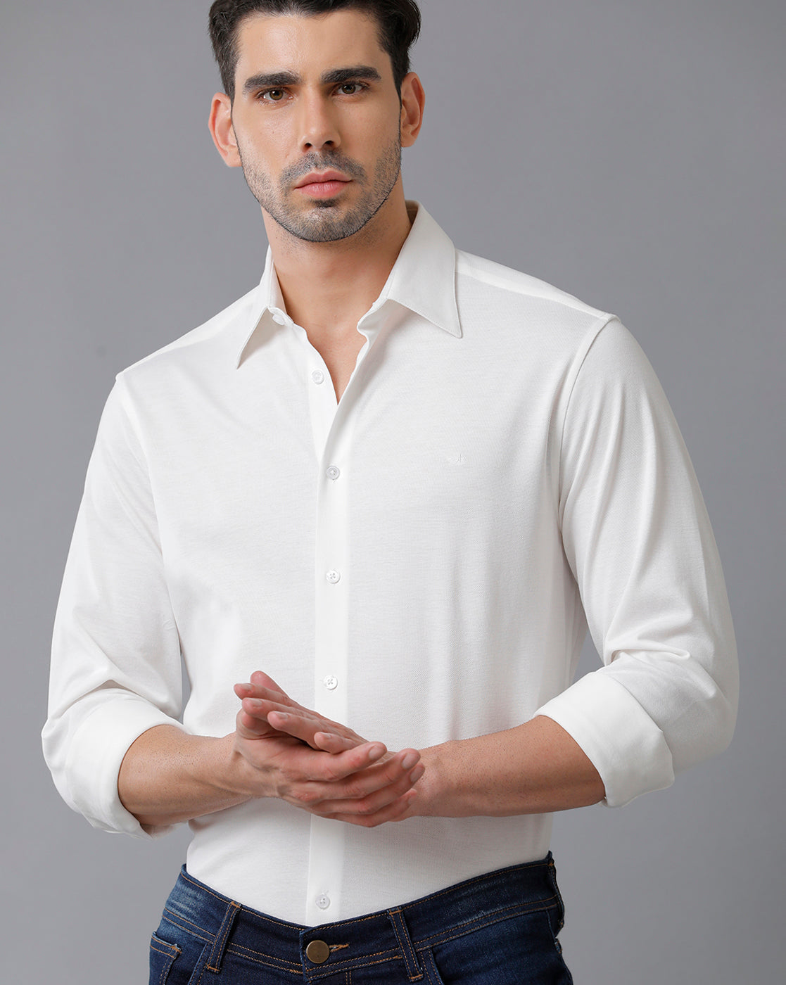 Aldeno Mens Regular Fit Solid White Casual Knitted Cotton Shirt (CLOVE)