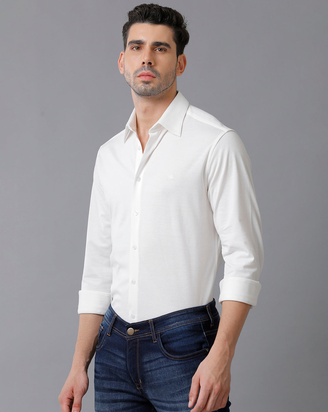 Aldeno Mens Regular Fit Solid White Casual Knitted Cotton Shirt (CLOVE)