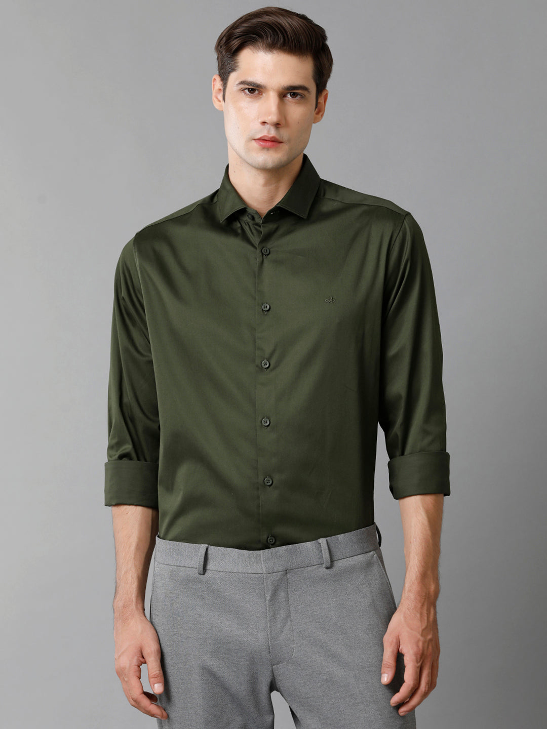 Aldeno Mens Regular Fit Solid Olive Green Formal Satin Shirt (SAUOL)