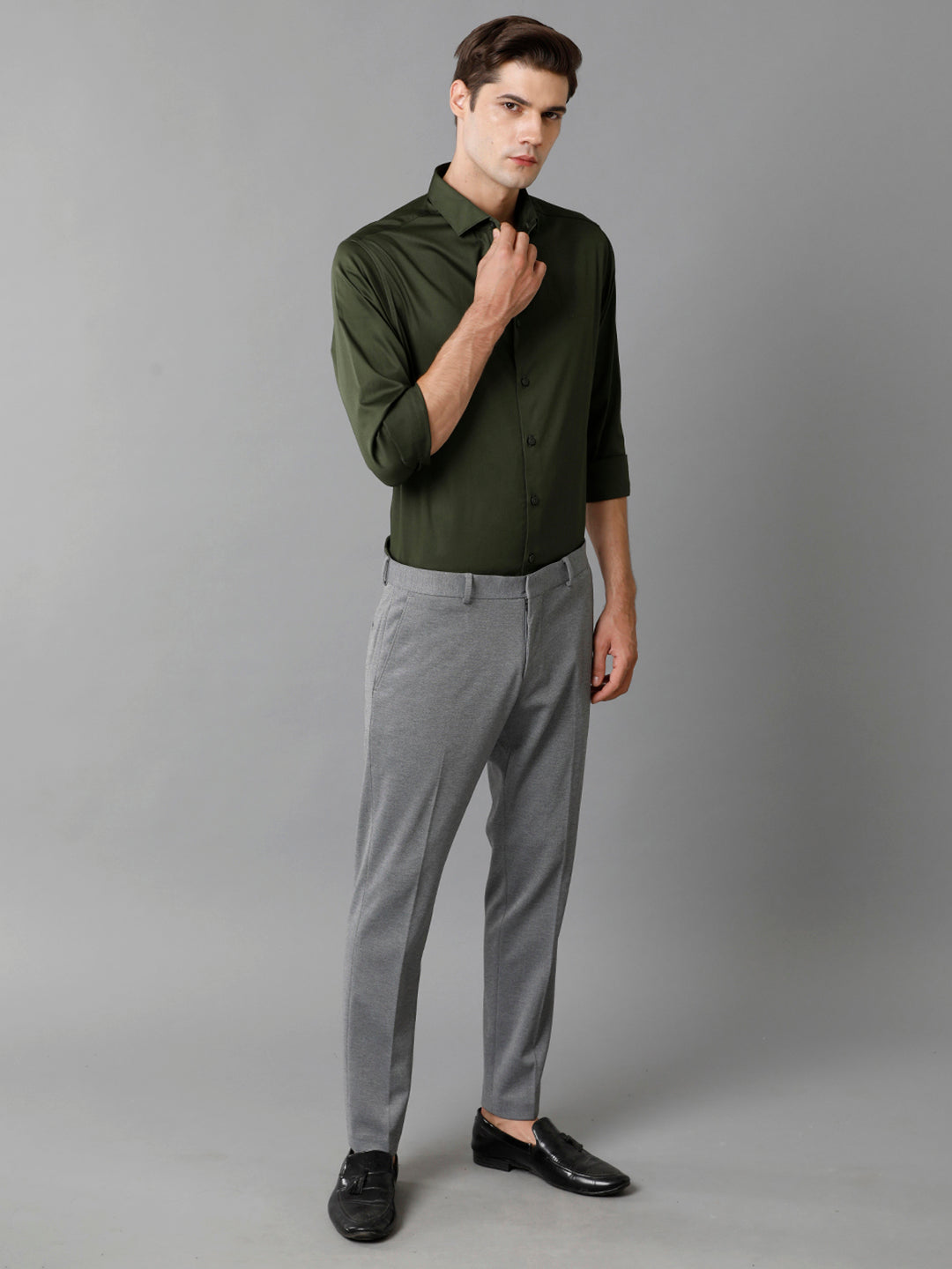 Aldeno Mens Regular Fit Solid Olive Green Formal Satin Shirt (SAUOL)