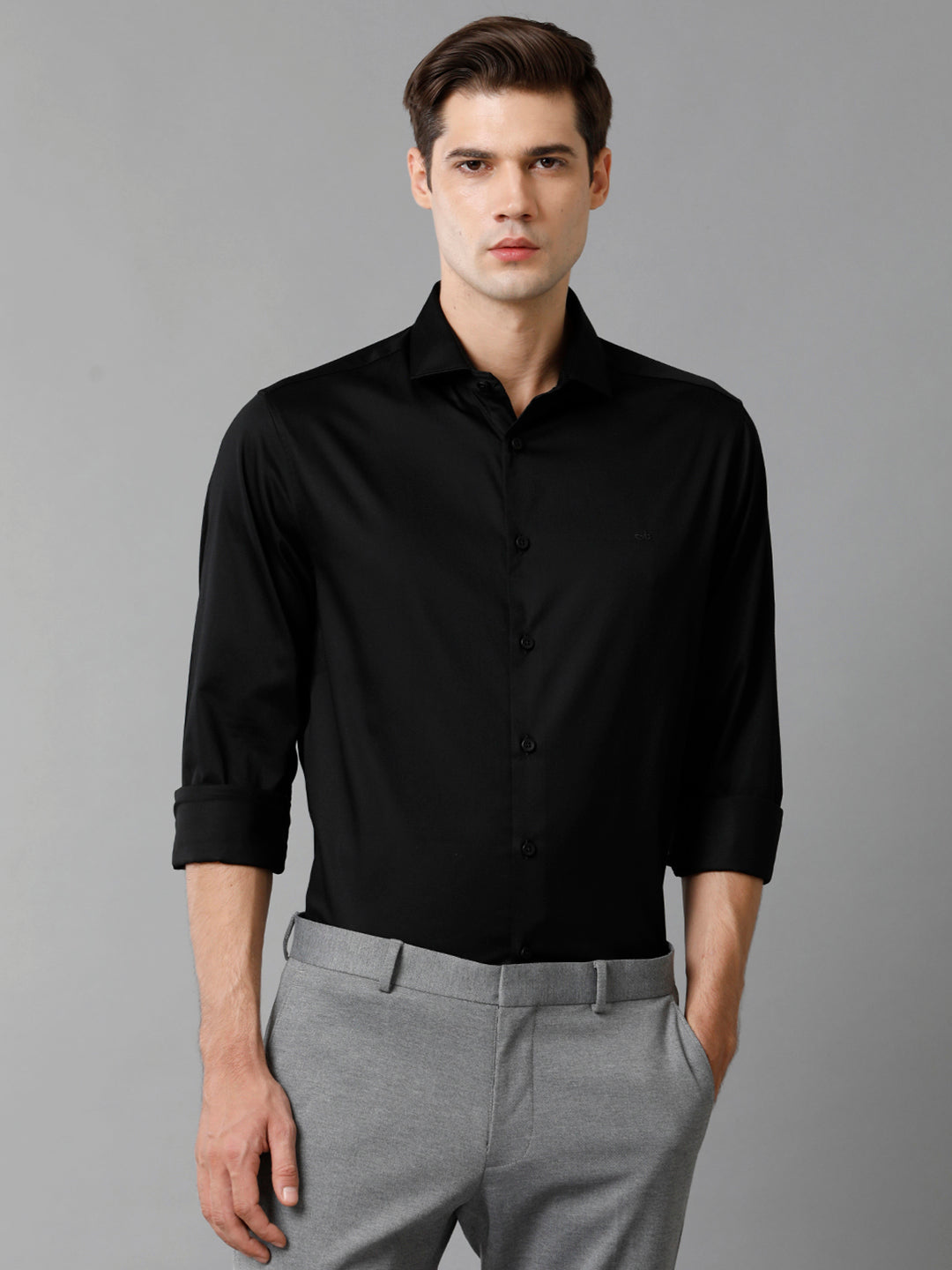 Aldeno Regular Fit Solid Black Formal Satin Shirt (SWABK)