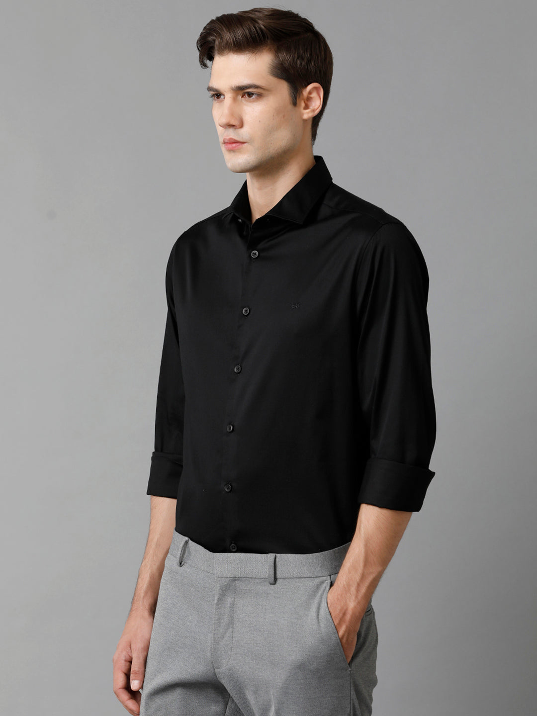 Aldeno Regular Fit Solid Black Formal Satin Shirt (SWABK)