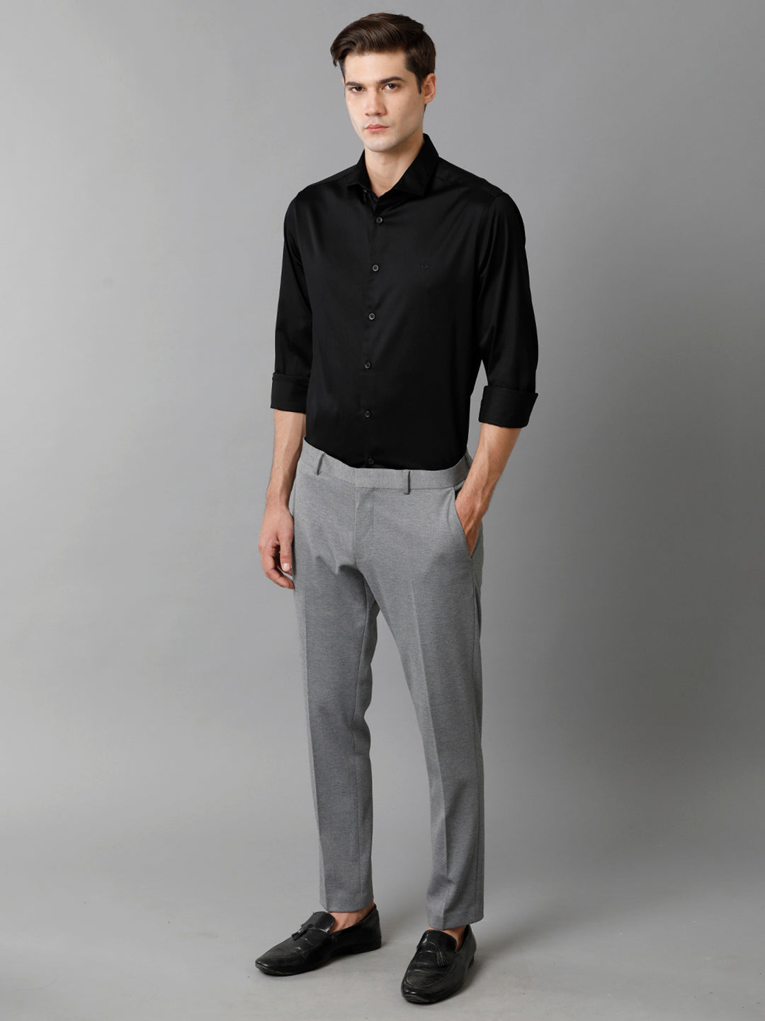 Aldeno Regular Fit Solid Black Formal Satin Shirt (SWABK)