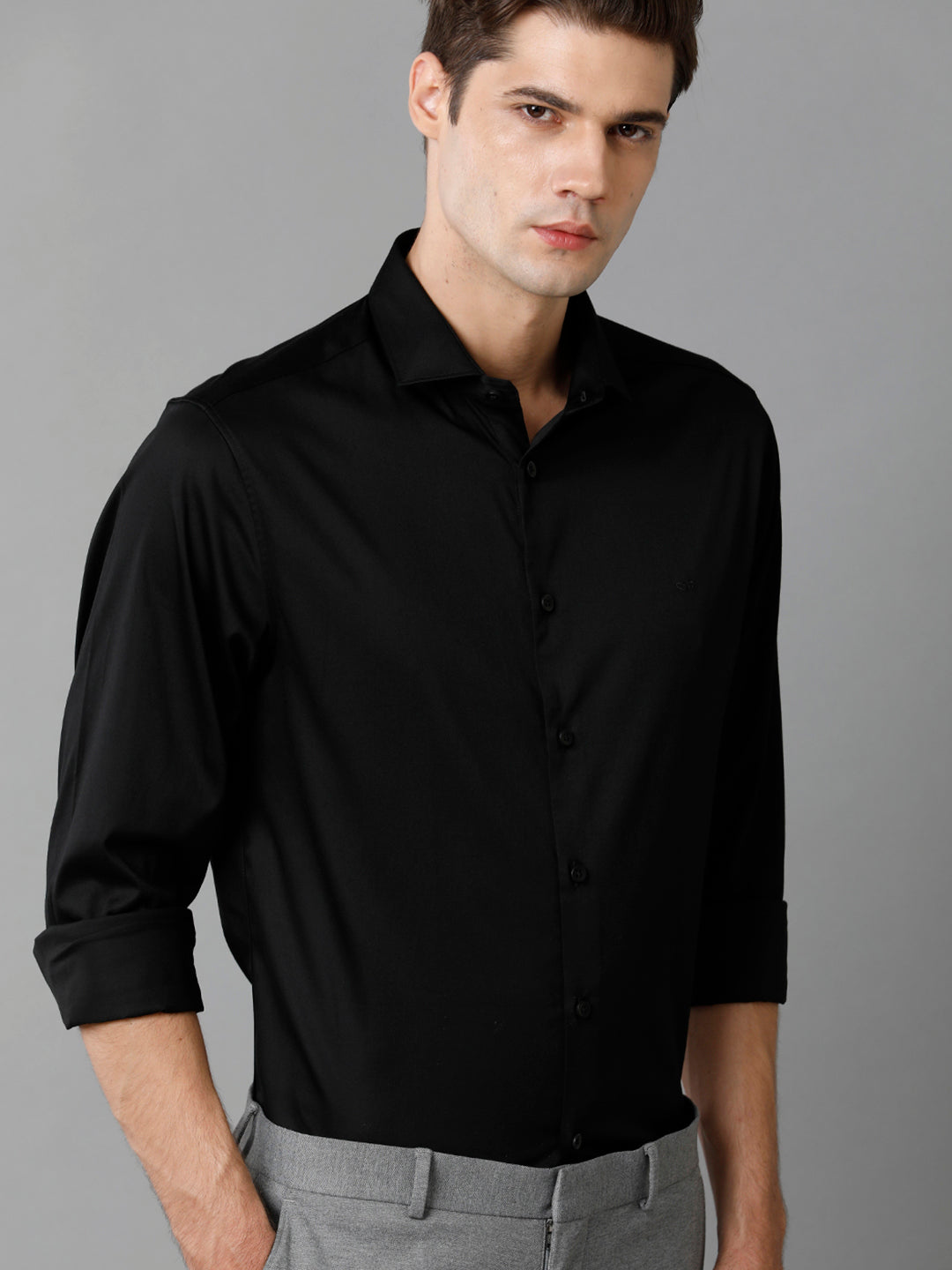 Aldeno Regular Fit Solid Black Formal Satin Shirt (SWABK)