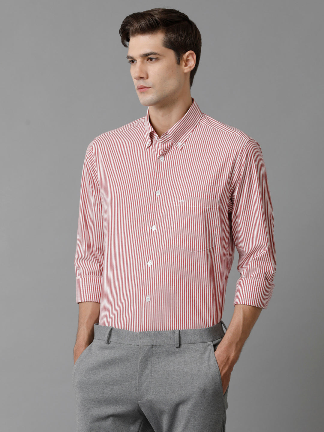 Aldeno Mens Slim Fit Stripe Red/White Casual Cotton Stretch Shirt (TARSO)