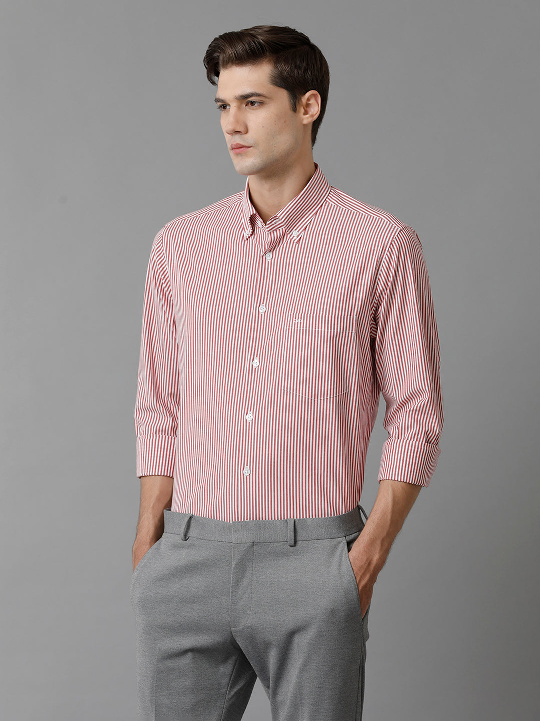 Aldeno Mens Slim Fit Stripe Red/White Casual Cotton Stretch Shirt (TARSO)