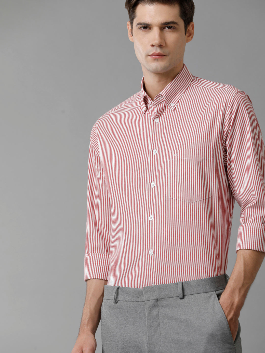 Aldeno Mens Slim Fit Stripe Red/White Casual Cotton Stretch Shirt (TARSO)