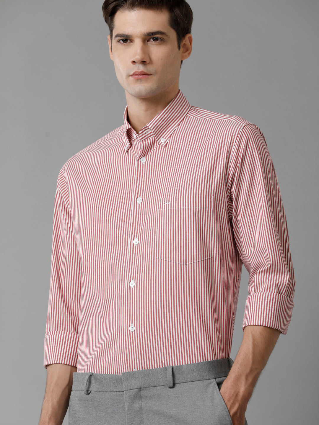 Aldeno Mens Slim Fit Stripe Red/White Casual Cotton Stretch Shirt (TARSO)