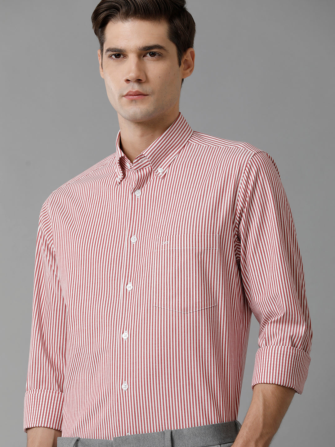 Aldeno Mens Slim Fit Stripe Red/White Casual Cotton Stretch Shirt (TARSO)