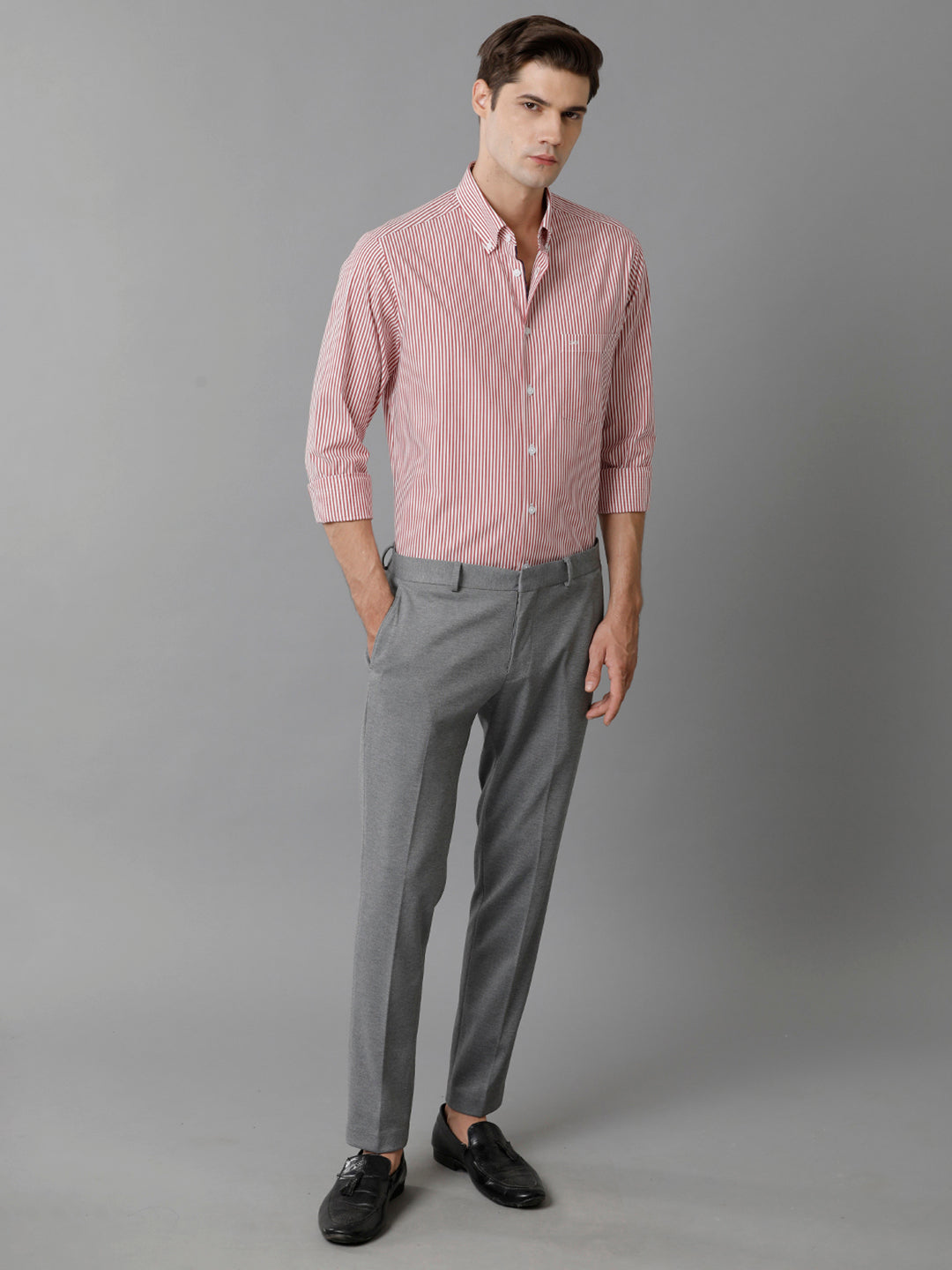 Aldeno Mens Slim Fit Stripe Red/White Casual Cotton Stretch Shirt (TARSO)