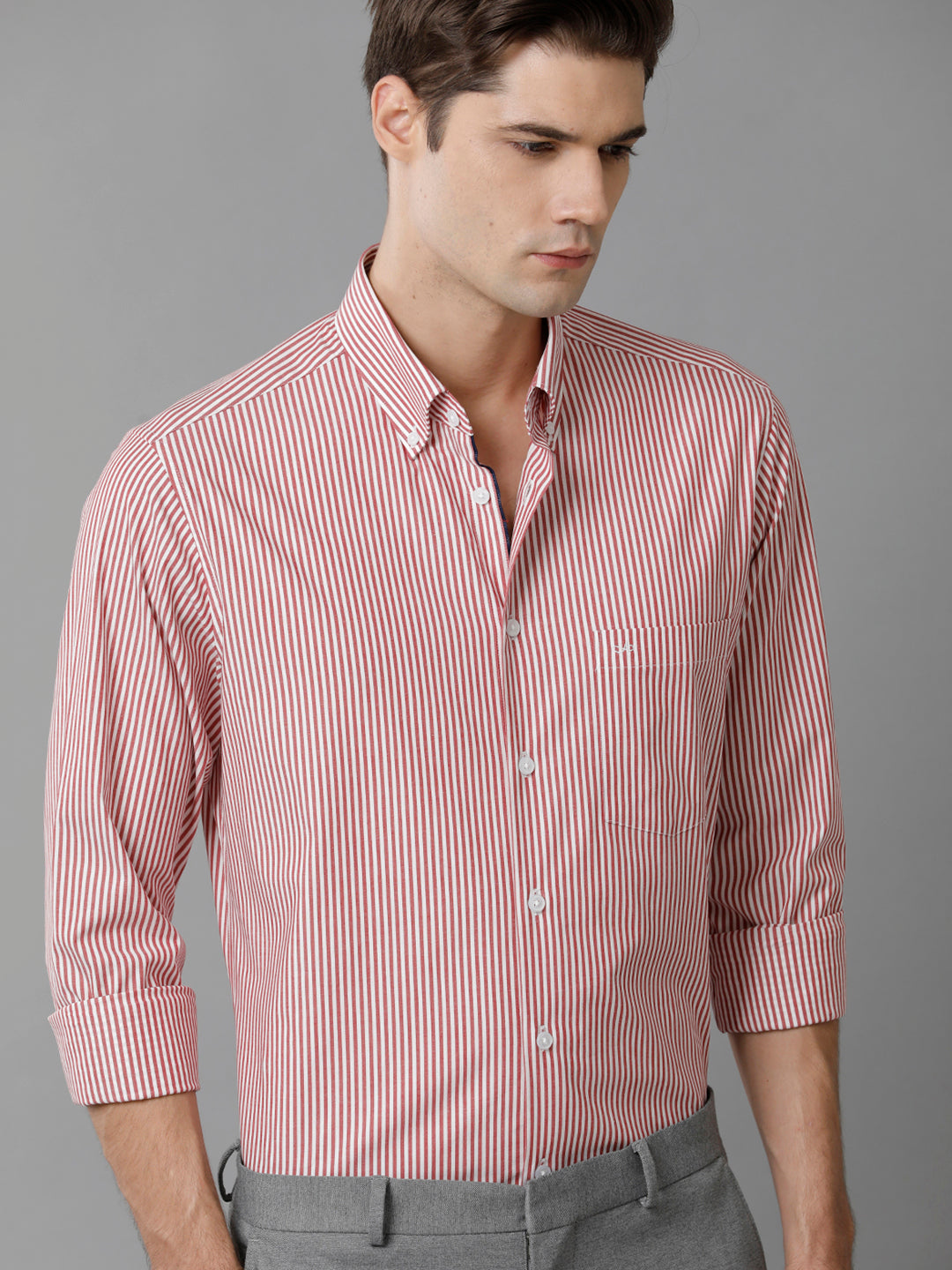 Aldeno Mens Slim Fit Stripe Red/White Casual Cotton Stretch Shirt (TARSO)