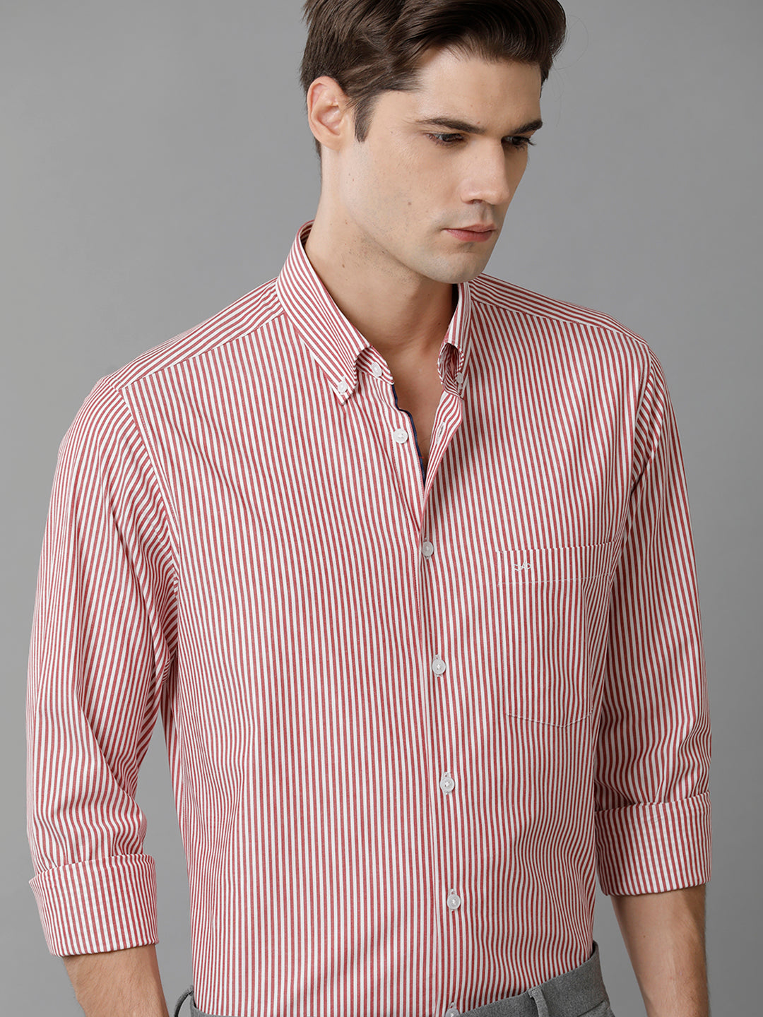 Aldeno Mens Slim Fit Stripe Red/White Casual Cotton Stretch Shirt (TARSO)