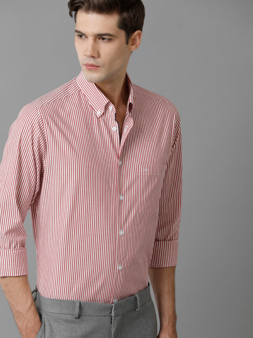 Aldeno Mens Slim Fit Stripe Red/White Casual Cotton Stretch Shirt (TARSO)