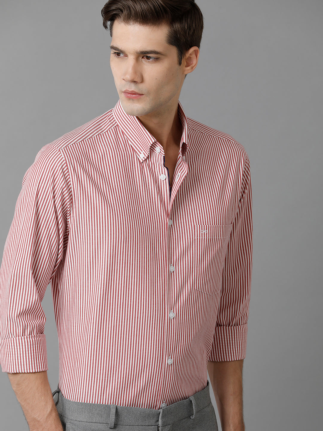 Aldeno Mens Slim Fit Stripe Red/White Casual Cotton Stretch Shirt (TARSO)