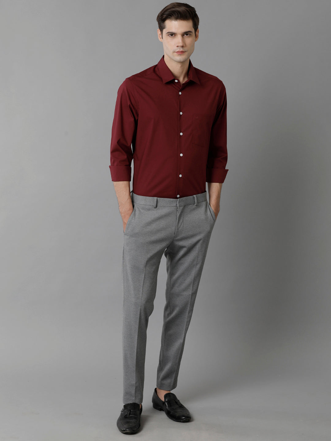Aldeno Mens Slim Fit Solid Maroon Formal Cotton Stretch Shirt (CIAN)