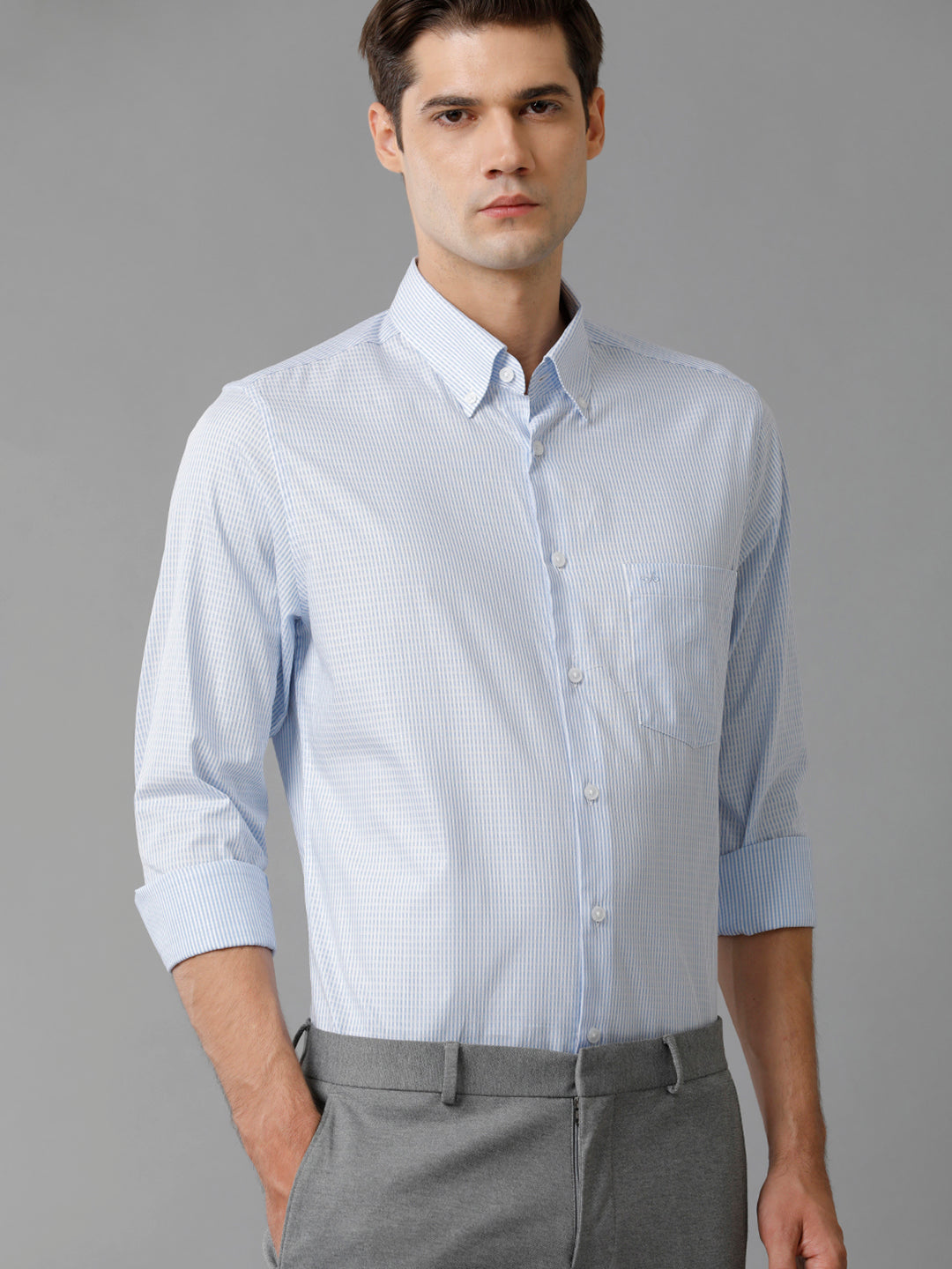 Aldeno Mens Slim Fit Vertical Stripes Blue Formal Cotton Shirt (CHEVY)