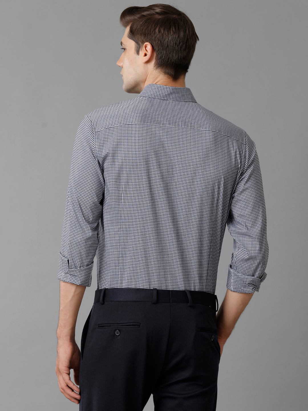 Aldeno Mens Slim Fit Check Navy/White Casual Cotton Blend Stretch Shirt (GINO)