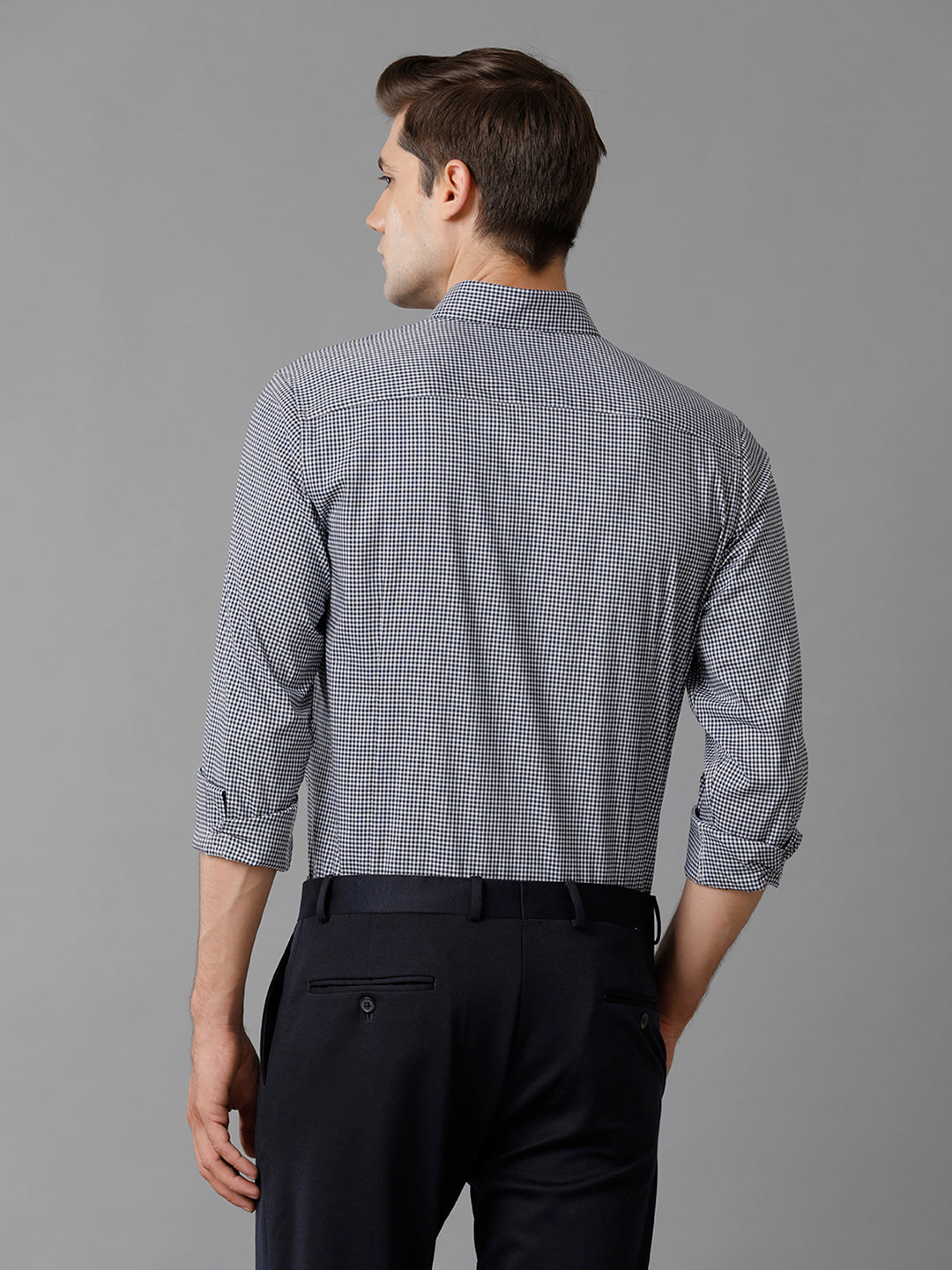 Aldeno Mens Slim Fit Check Navy/White Casual Cotton Blend Stretch Shirt (GINO)