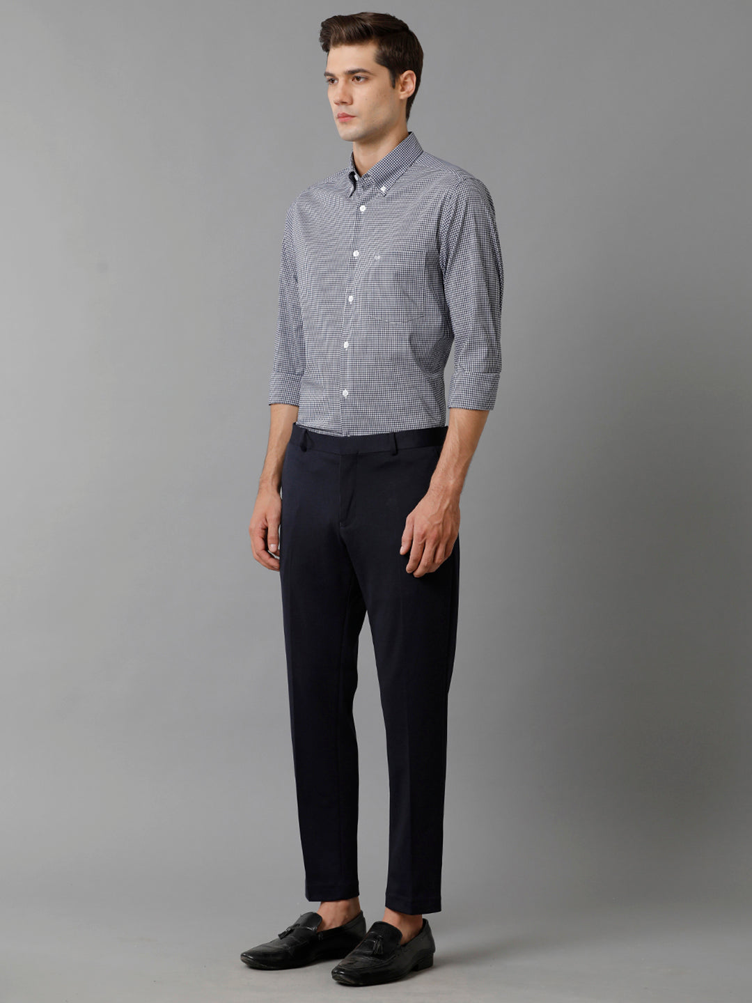 Aldeno Mens Slim Fit Check Navy/White Casual Cotton Blend Stretch Shirt (GINO)