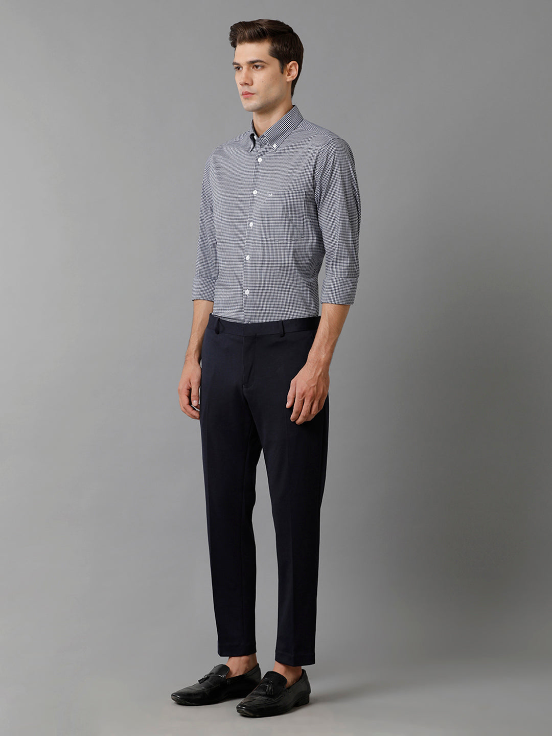 Aldeno Mens Slim Fit Check Navy/White Casual Cotton Blend Stretch Shirt (GINO)