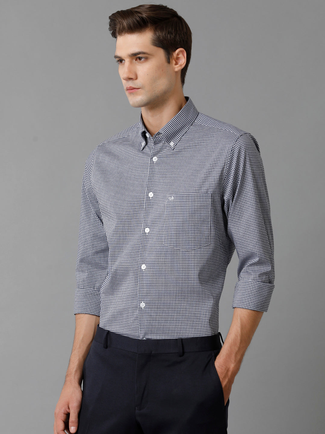Aldeno Mens Slim Fit Check Navy/White Casual Cotton Blend Stretch Shirt (GINO)