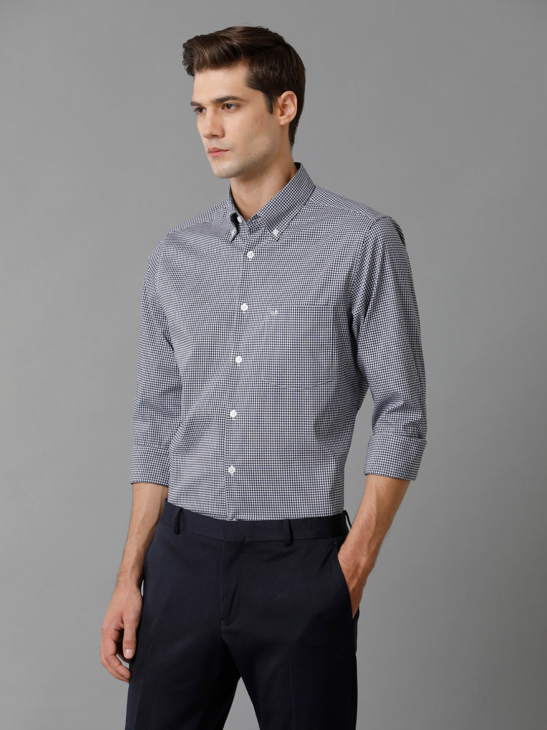 Aldeno Mens Slim Fit Check Navy/White Casual Cotton Blend Stretch Shirt (GINO)