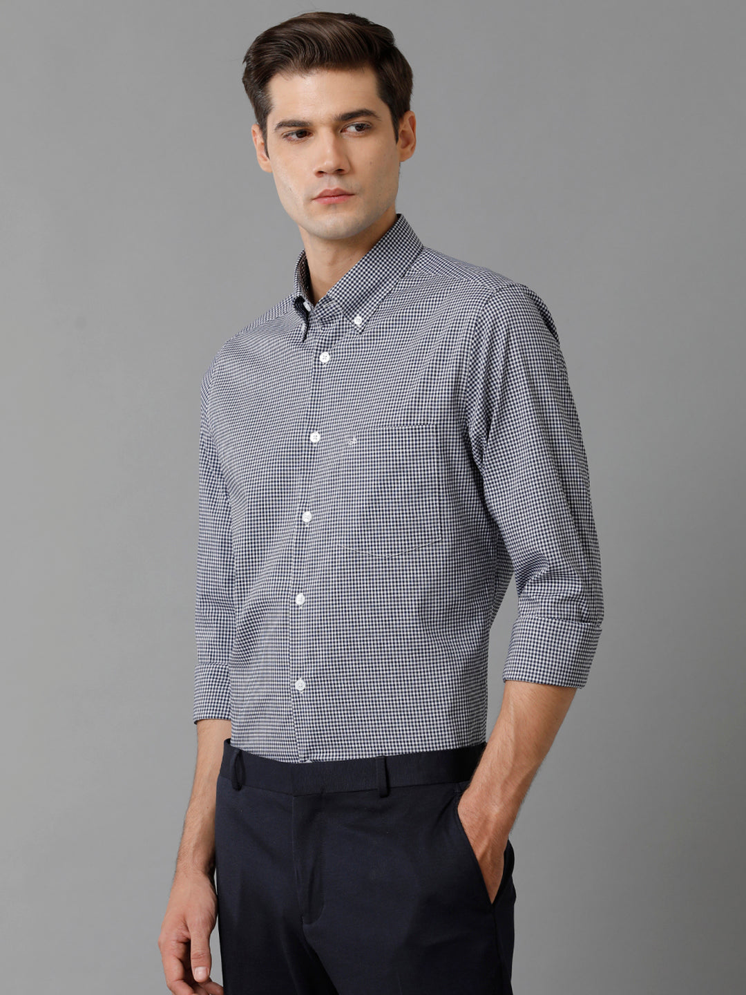 Aldeno Mens Slim Fit Check Navy/White Casual Cotton Blend Stretch Shirt (GINO)