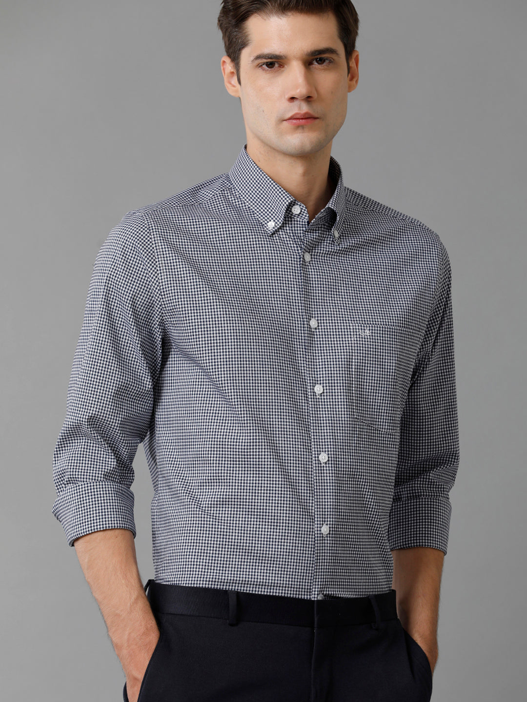 Aldeno Mens Slim Fit Check Navy/White Casual Cotton Blend Stretch Shirt (GINO)